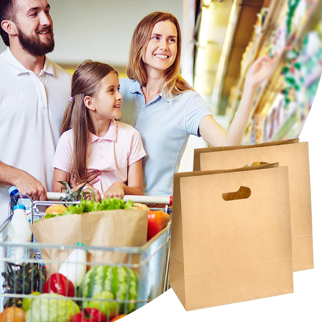 100Pcs Brown Kraft Paper Bags with Die Cut Handles 11" x 6" x 11"