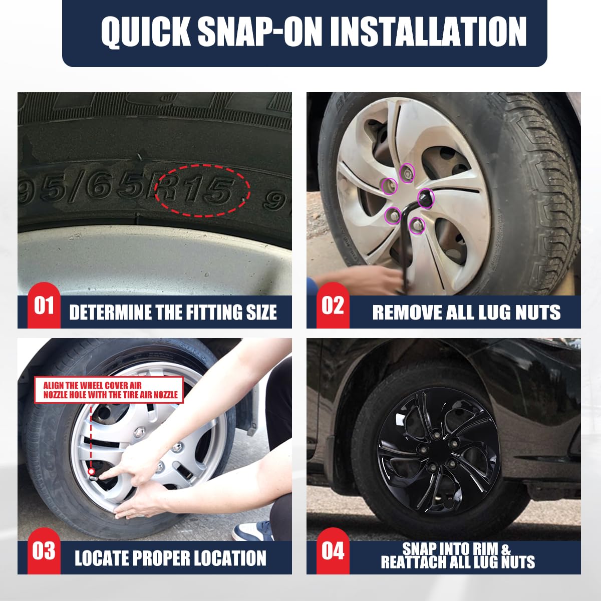 15" Hubcaps for 2013-2015 Civic, PP Material, 4 PCS, Black Lacquer