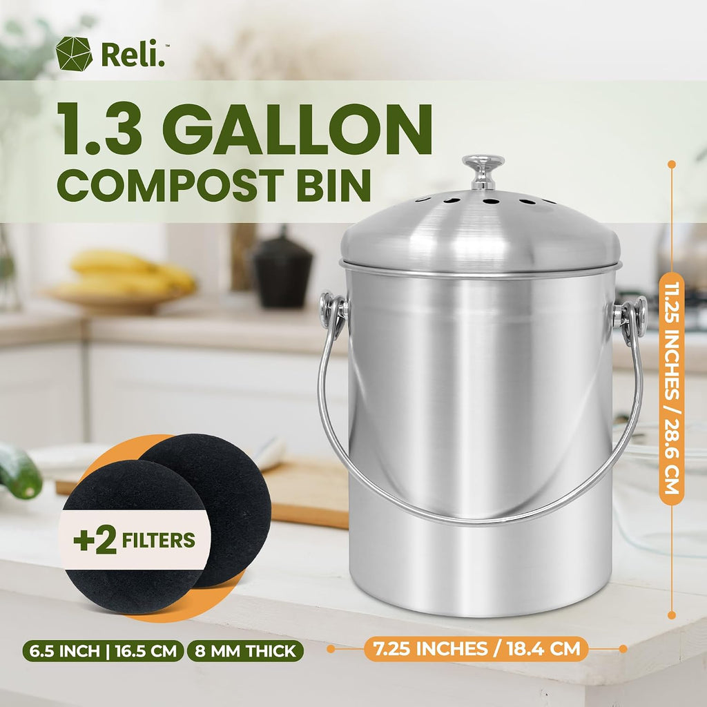 1.3 Gallon Stainless Steel Compost Bin for Kitchen | Charcoal Filters | Silver, Indoor Composting Bin with Charcoal