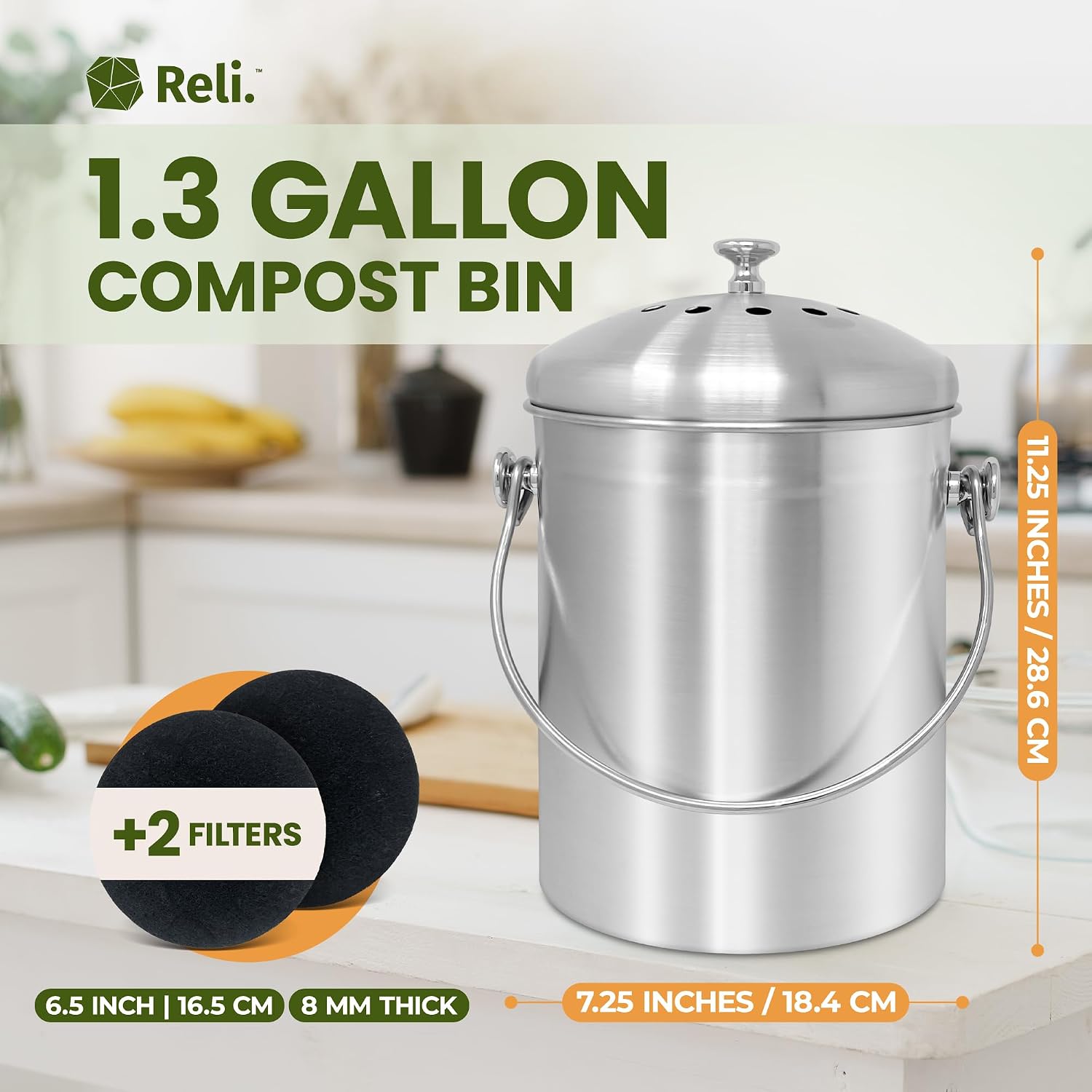 1.3 Gallon Stainless Steel Compost Bin for Kitchen | Charcoal Filters | Silver, Indoor Composting Bin with Charcoal