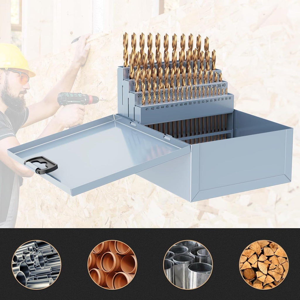 60Pcs(#1-60) Cobalt Number Size Drill Bit Set HSS Jobber Length