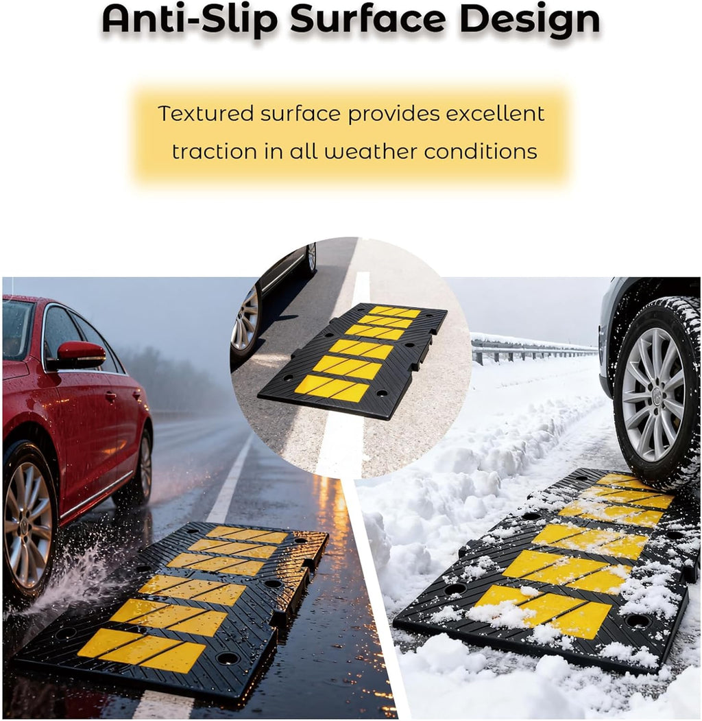35" Heavy Duty Rubber Speed Bump, 2" High Traffic Speed Hump | Reflective Traffic Speed Hump with Mounting Bolts for