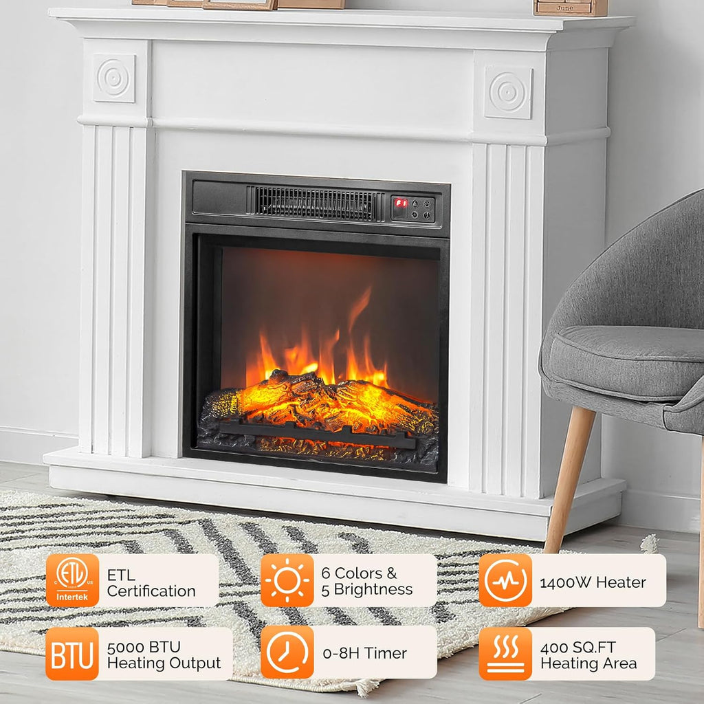 26" Electric Fireplace Inserts with Remote Control, 1400W Recessed Stove Heater with 8H Timer, 6 Flame Colors, 5