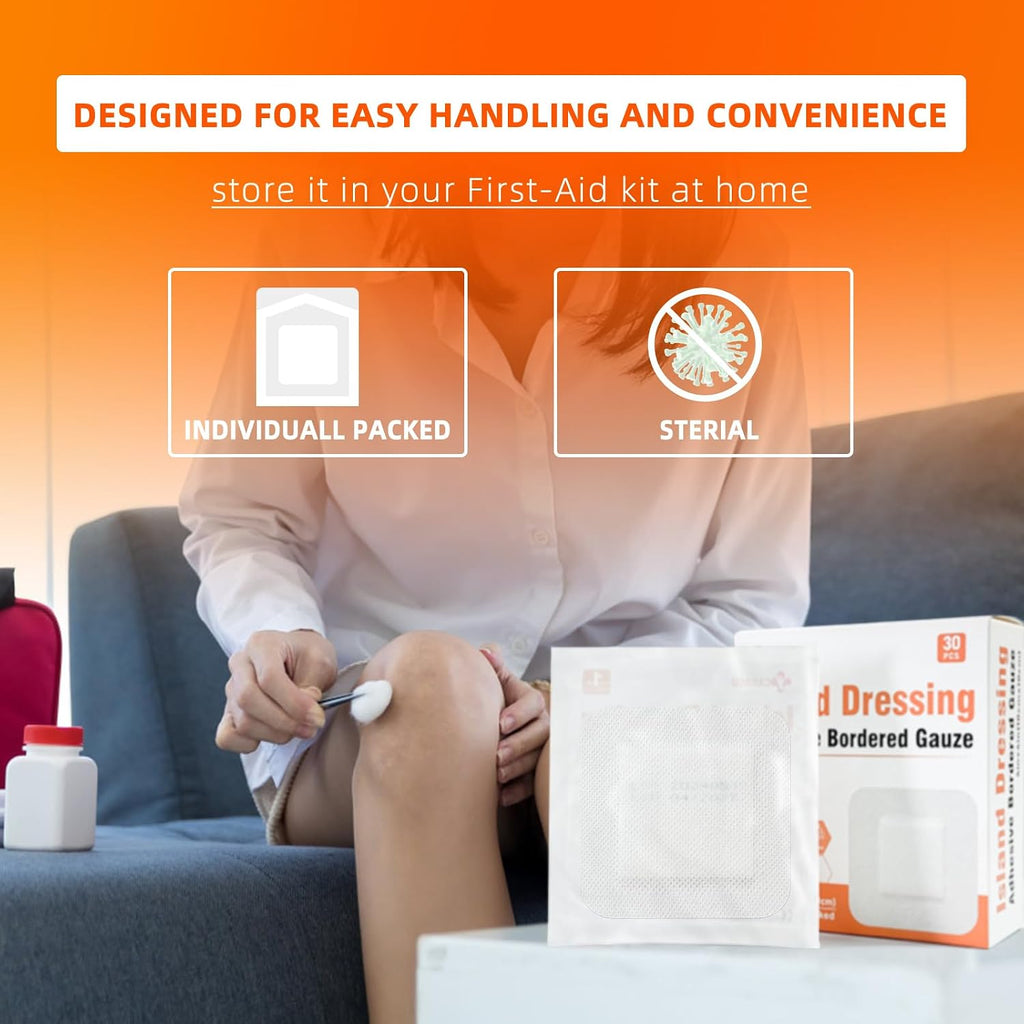 [6''x6''-30count] Carbou Island Dressing Bordered Gauze Sterile Individually Wrapped Gauze Pads,Highly Absorbent