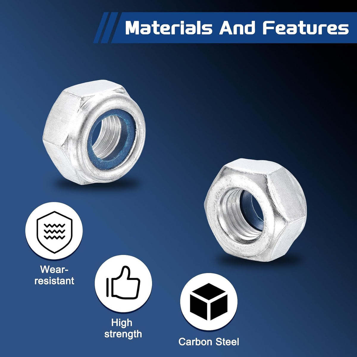 4Pcs M10-1.25 Nylon Locking Hex Nuts CarbonSteel Blue and White