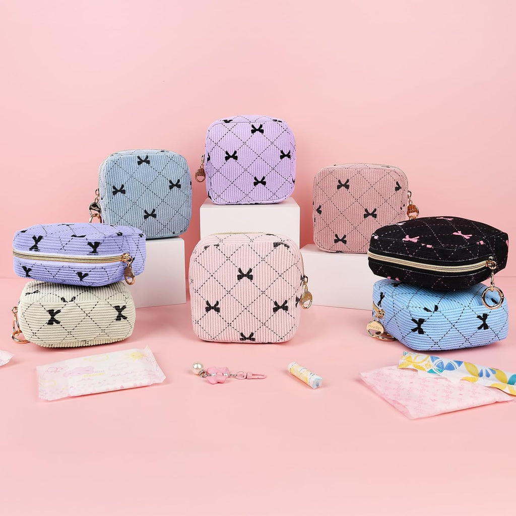 Period Bag for Teen Girls, Corduroy Sanitary Napkin Pouch, B-Beige | Bow Menstrual Pad Pouches Tampon Holder for