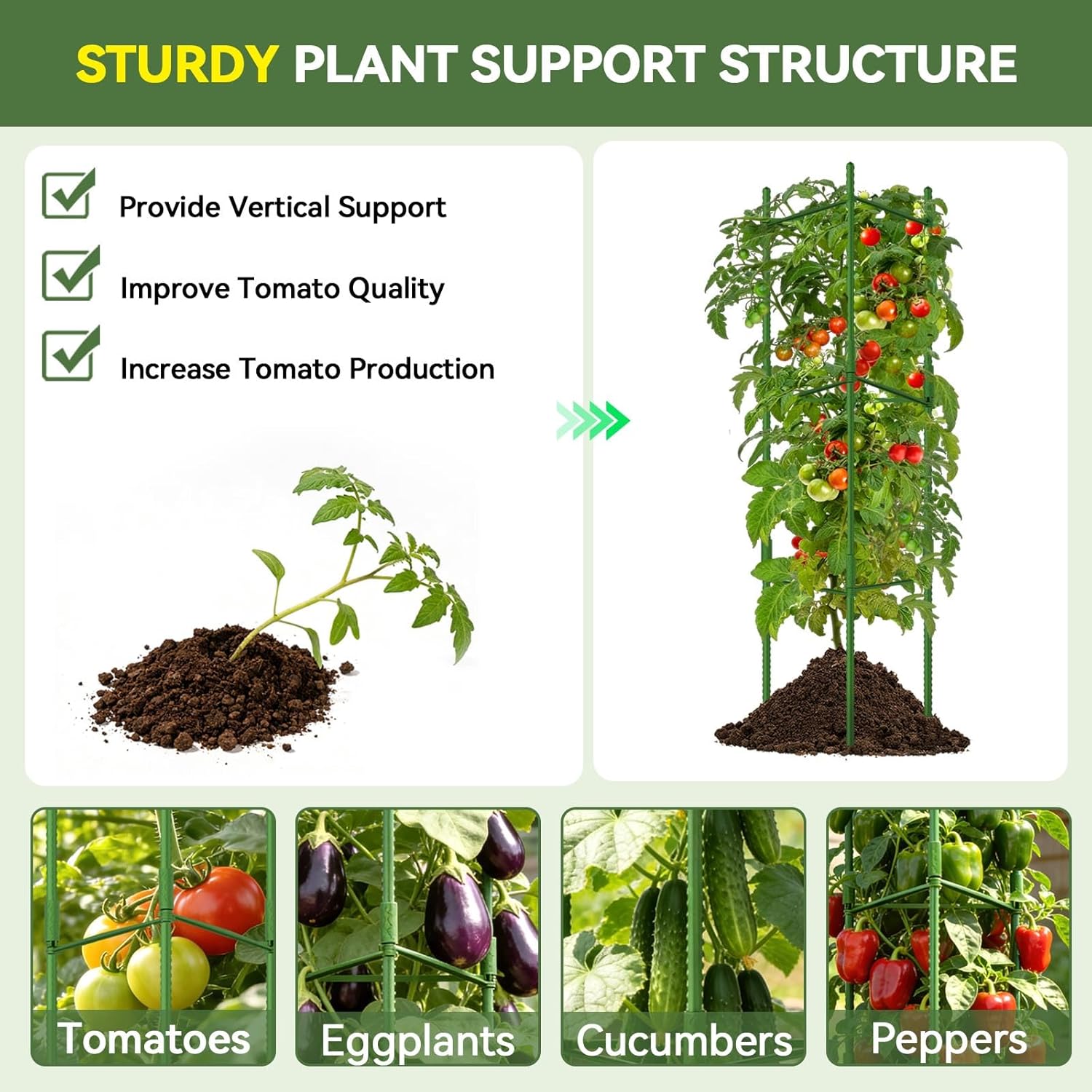6 Pack Tomato Cages for Garden Plant Support Stakes, 48 Inch Adjustable Tomato Trellis for Pots & Raised Garden Bed