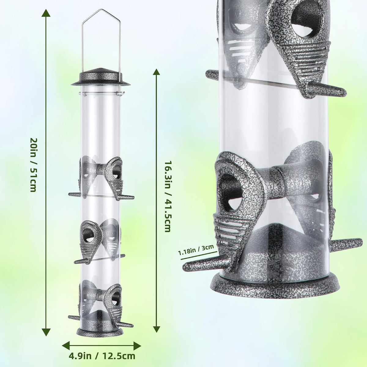2PK Metal Bird Feeders with 6 Feeding Ports,Tube Bird Feeder with Steel Hanger,Hard Plastic Wild Bird Feeder for