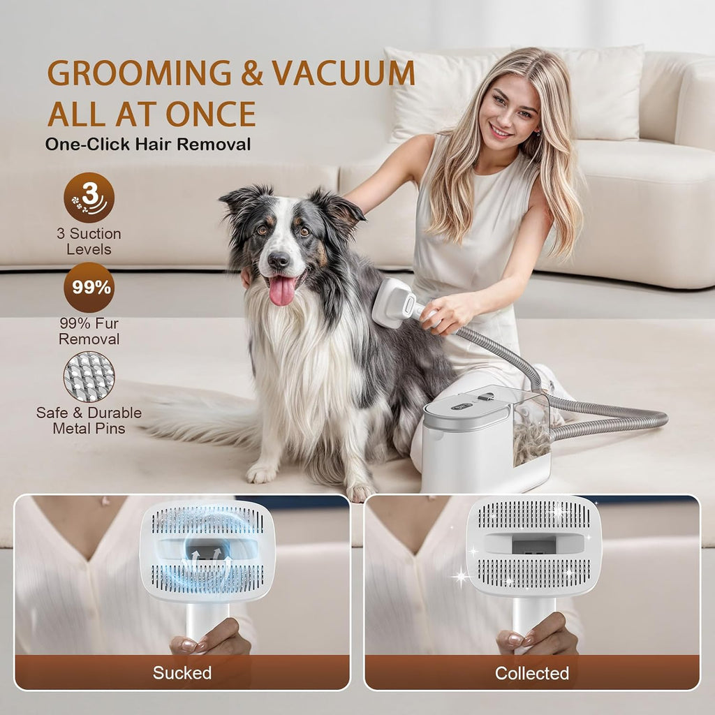 Dog Grooming Vacuum, Dog Grooming Kit, 3 Suction Modes Dog Brush Vacuum with 5 Pet Grooming Tools (Oyster White)