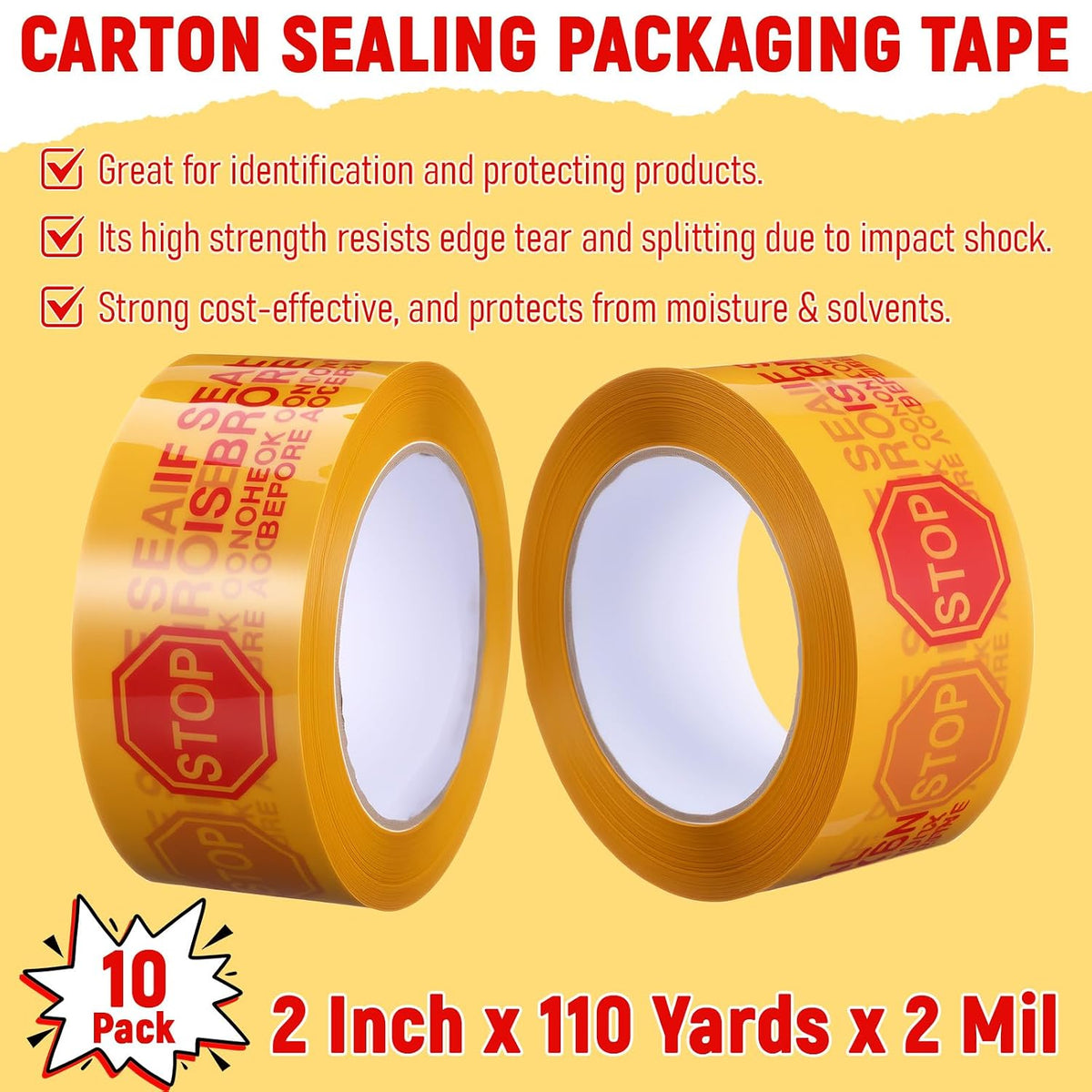 10 Rolls 2 Inch Security Packing Tape, Tamper Proof Tape, Yellow