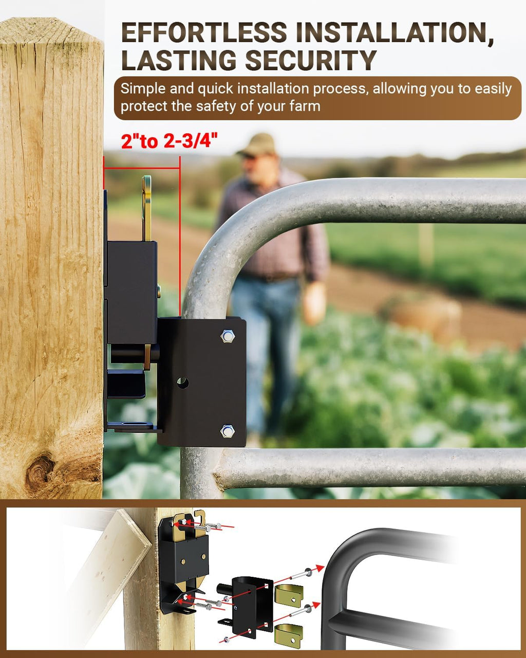 2 Way Farm Gate Latch, 2PC Heavy-Duty Fence Gate Latch with Self-Locking Nut, Black Livestock Gate Latch Compatible