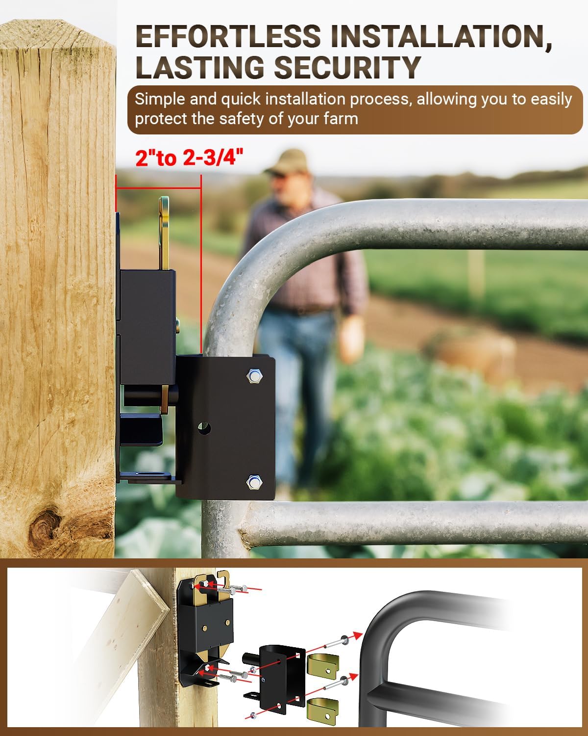 2 Way Farm Gate Latch, 2PC Heavy-Duty Fence Gate Latch with Self-Locking Nut, Black Livestock Gate Latch Compatible