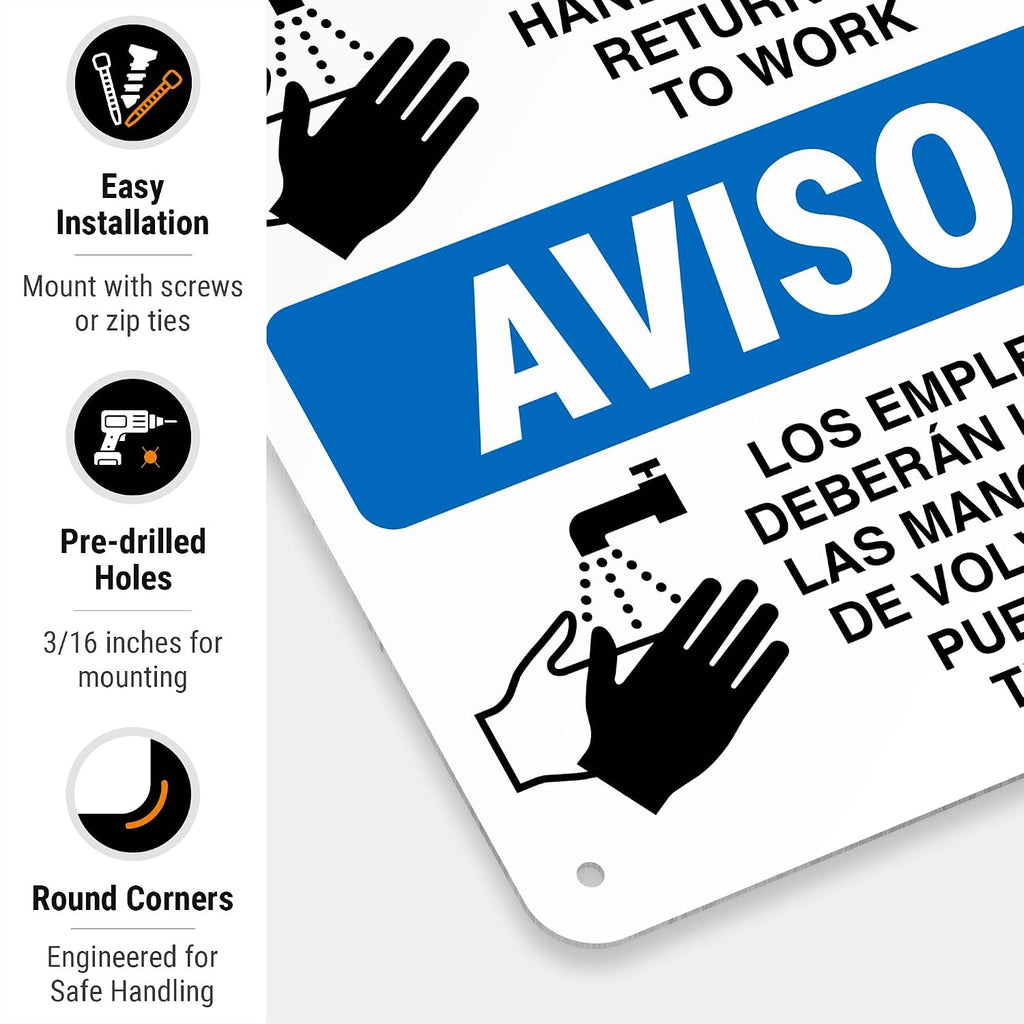 Employees Hand Washing Sign, Bilingual Spanish English