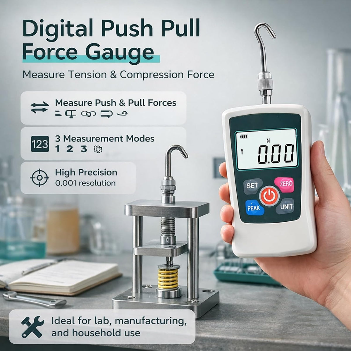 Digital Force Gauge High-Precision Push-Pull Meter for Tension & Compression Testing Units (N, kg, lb, oz) Real-Time/Peak/First Peak Modes Ideal for Quality Control & Material Testing 5N