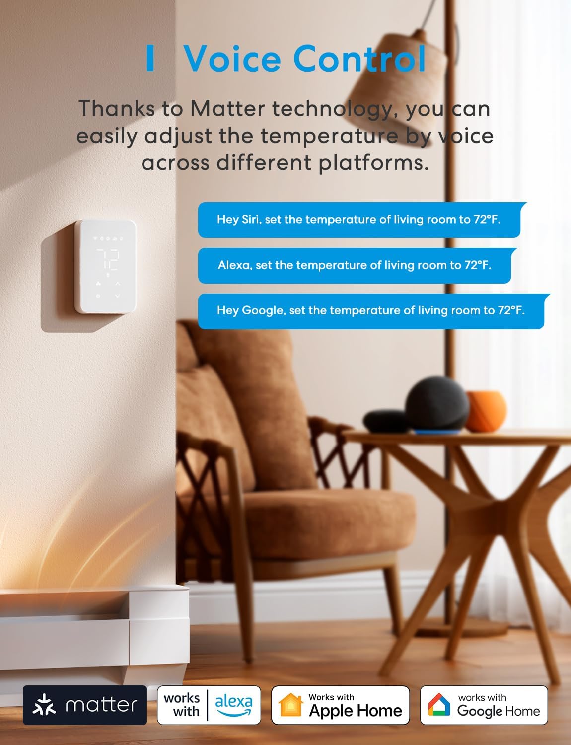 Matter Smart Thermostat for Electric Baseboard Heaters | WiFi Programmable Thermostat Works with HomeKit, Alexa