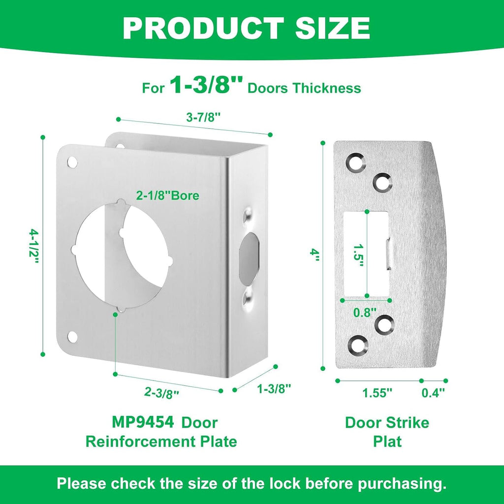 MP9454 Reinforcement Plate & Strike Plate for 1-3/8" Doors, 2-3/8" Backset | Stainless Steel,Includes Door Strike