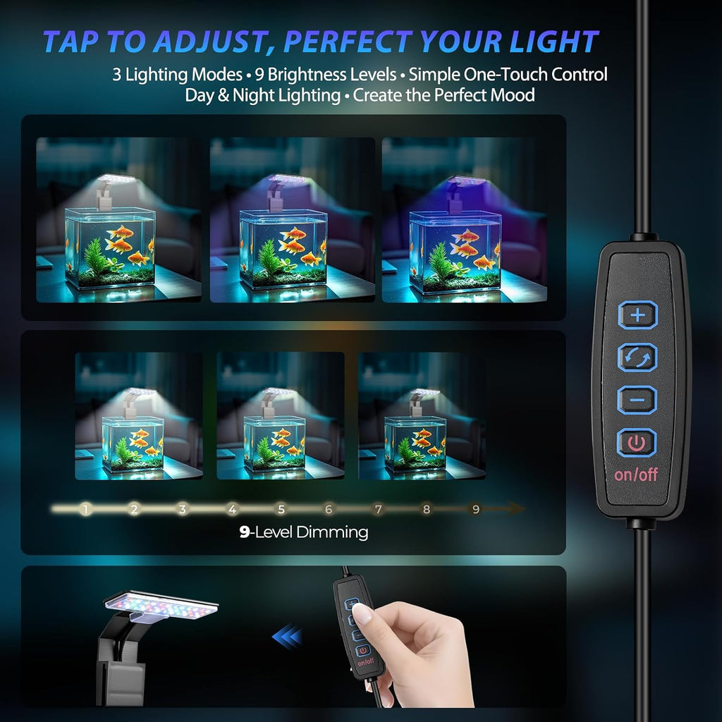 Mini Clip-On Aquarium Light 7W USB Dimmable Fish Tank Lamp with 3 Light Modes (Full Spectrum/White/RGB), 9-Level