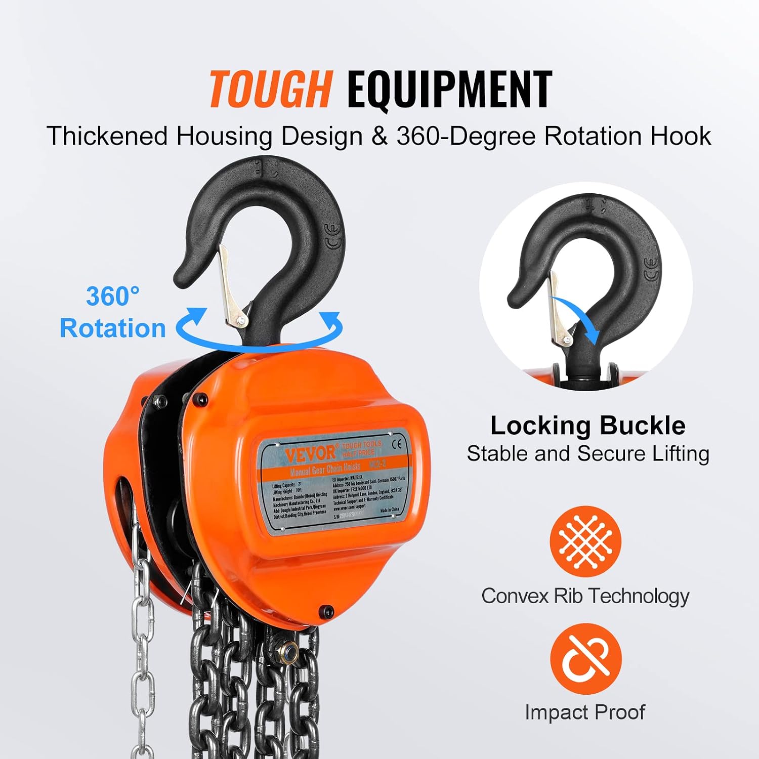 Hand Chain Hoist, 2 Ton 4400 lbs Capacity 10 FT Come Along, G80 Galvanized Carbon Steel with Double-Pawl Brake, Auto