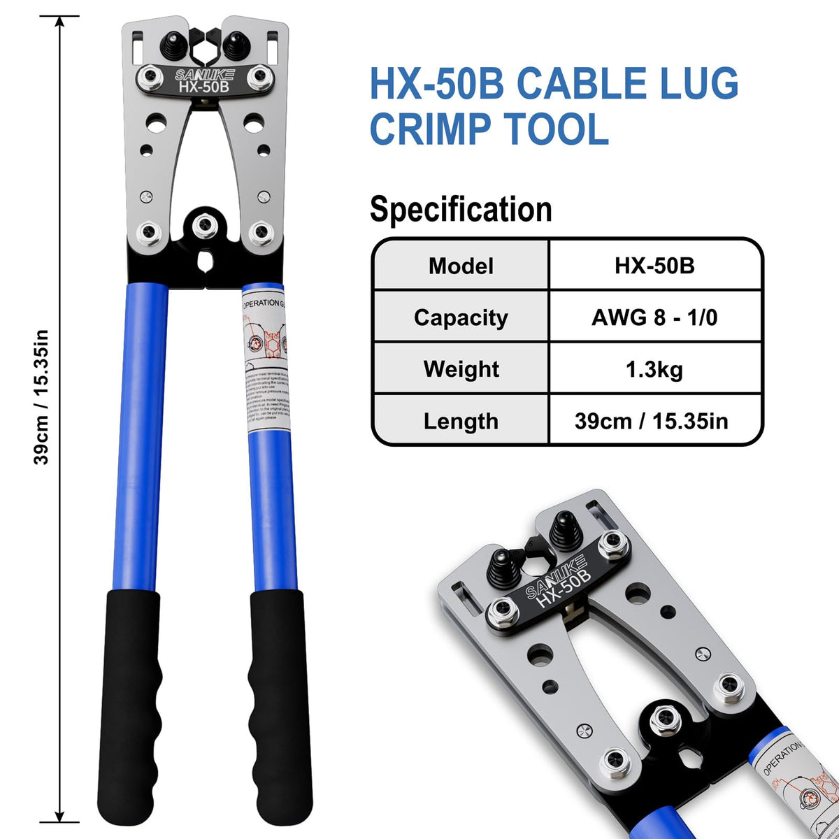 Sanuke Battery Cable Crimper Tool AWG10-1/0, Wire Cutter, 60pcs Copper Lugs