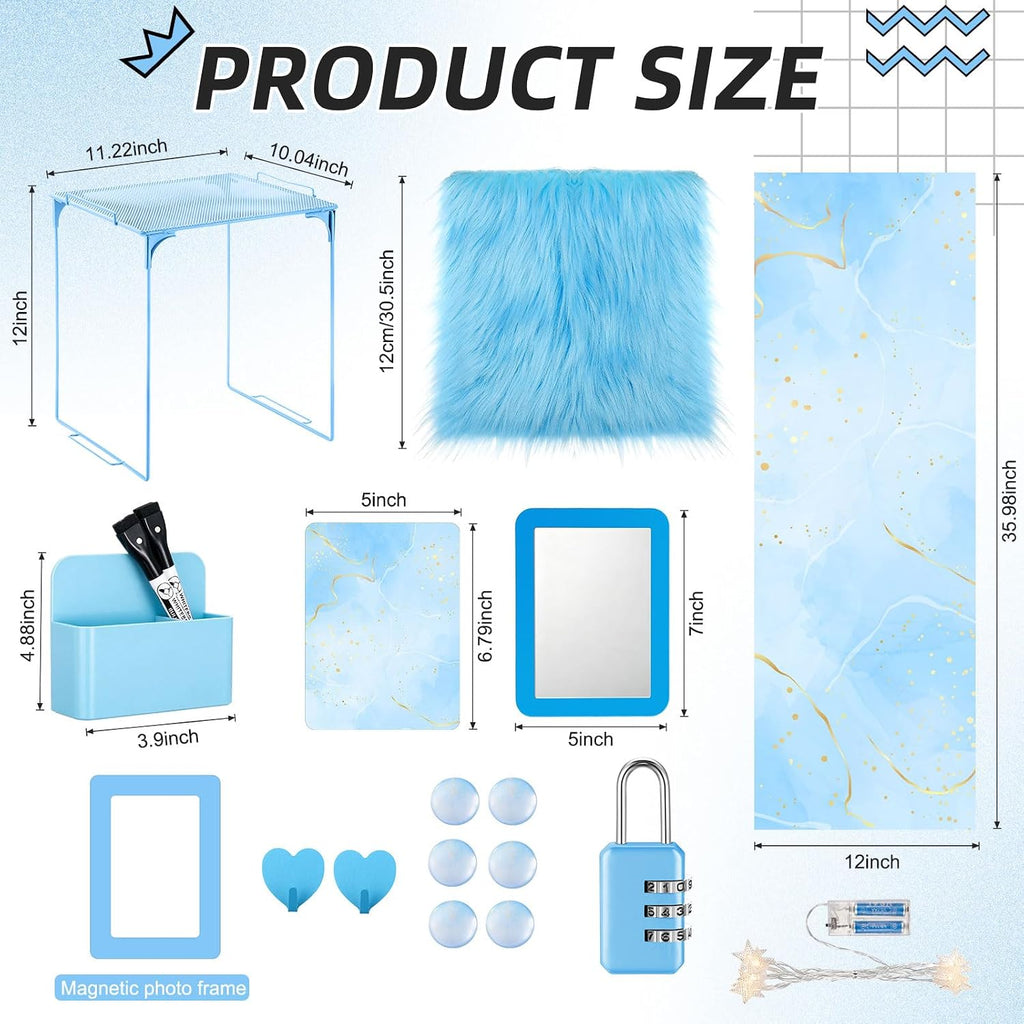 18 Pcs Blue Gold School Locker Accessories First Day of School Essential with Locker Magnetic Wallpaper Mirror Rug