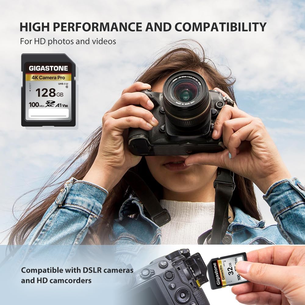 【5-Years Data Recovery】 GIGASTONE 128GB SD Card with USB Type C Card Reader, 4K Camera Pro, UHS-I A1 V30 U3 SDXC