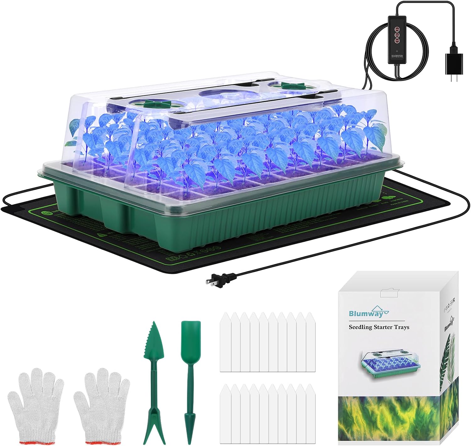40-Cell Seed Starter Tray with Grow Light, Heat Mat, Humidity Dome | Waterproof Seedling Heat Mat, Heated Seed
