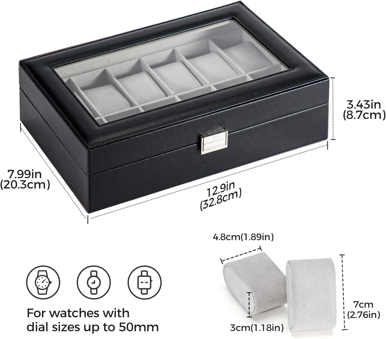 Watch Box Organizer, 12 Slot Watch Display Case, Black | Watches Storage Boxes Holder for Men Women, Large Glass Lid
