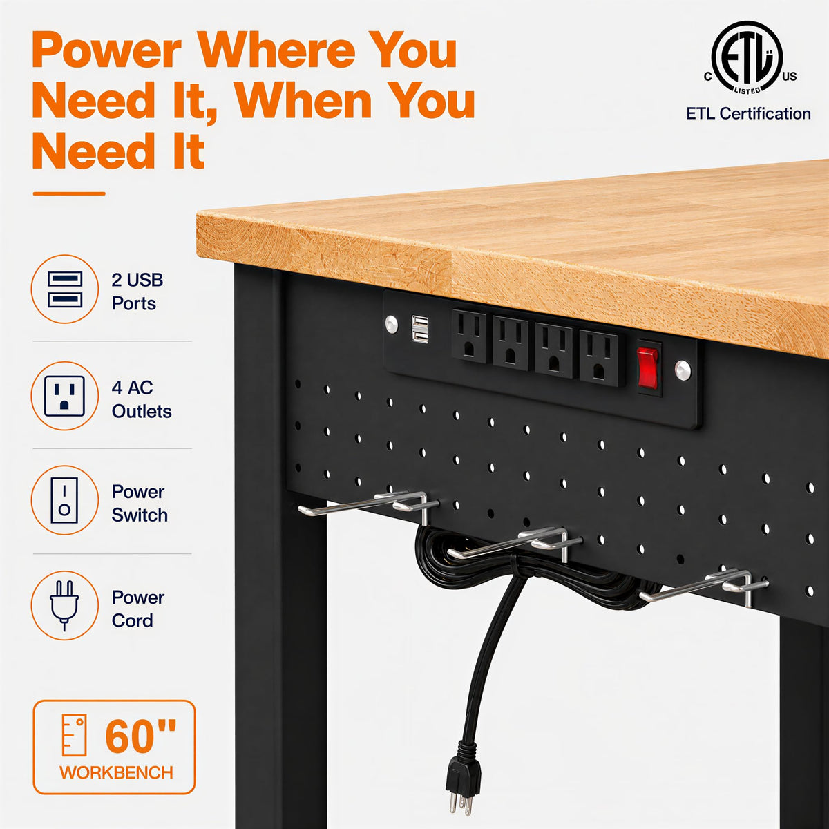 60 Inch 2-Tier Adjustable Workbench, 2600 LBS Heavy Duty Garage Table