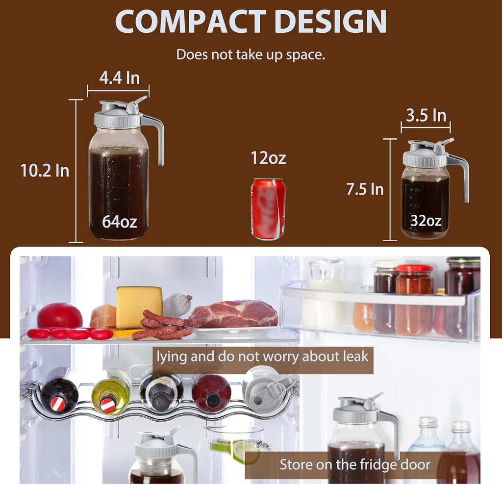 Cold Brew Coffee Maker Pitcher, 64 Oz Heavy Duty Wide Mouth Glass Mason Jar pour spout Lid with Stainless Steel