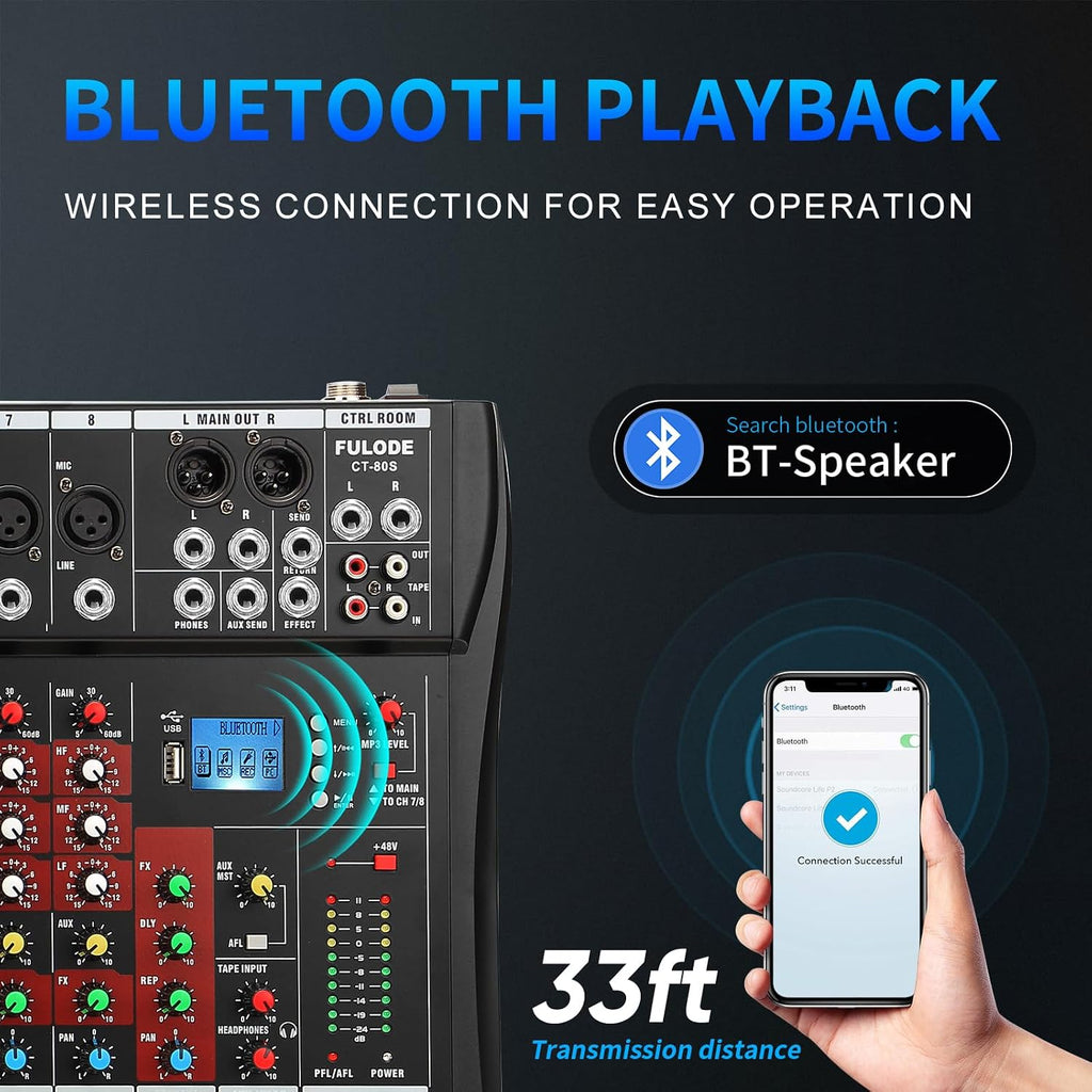 Audio Mixer 8 Channel, CT-80S Professional Sound System Mixer Board DJ Mixing Console with Reverb MP3 Player