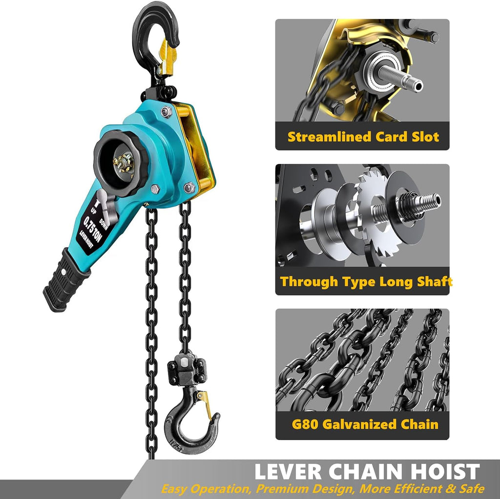 Manual Lever Chain Hoist 3/4 Ton 1650 lbs Lever Hoist 5 ft Ratchet Chain Puller Hoist|2 Heavy Duty Hooks G80
