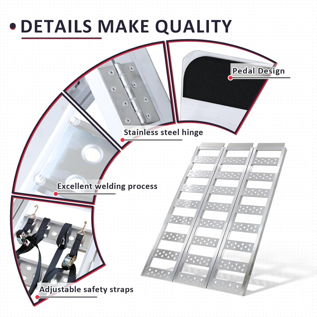 Tri-Fold Ramps with Treads, Full Width Aluminum Loading Ramps with Load Straps, Manual Welding Ramp for Motorcycles