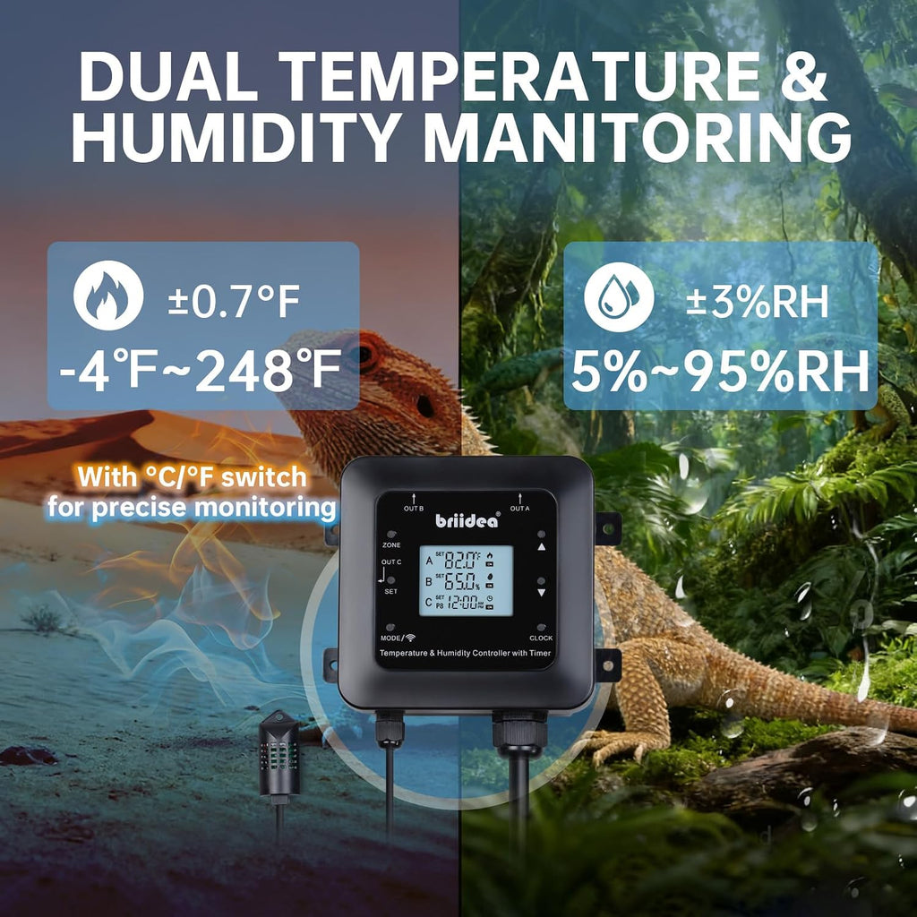 Smart WiFi Temperature and Humidity Controller with Timer Outlet, 3-in-1 Reptile Thermostat Hygrostat, App Control