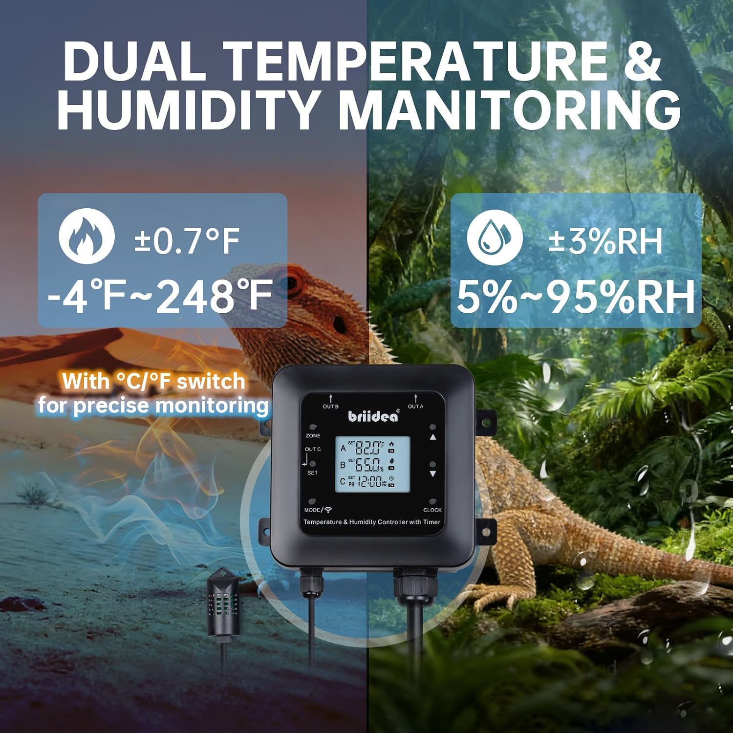 Smart WiFi Temperature and Humidity Controller with Timer Outlet, 3-in-1 Reptile Thermostat Hygrostat, App Control