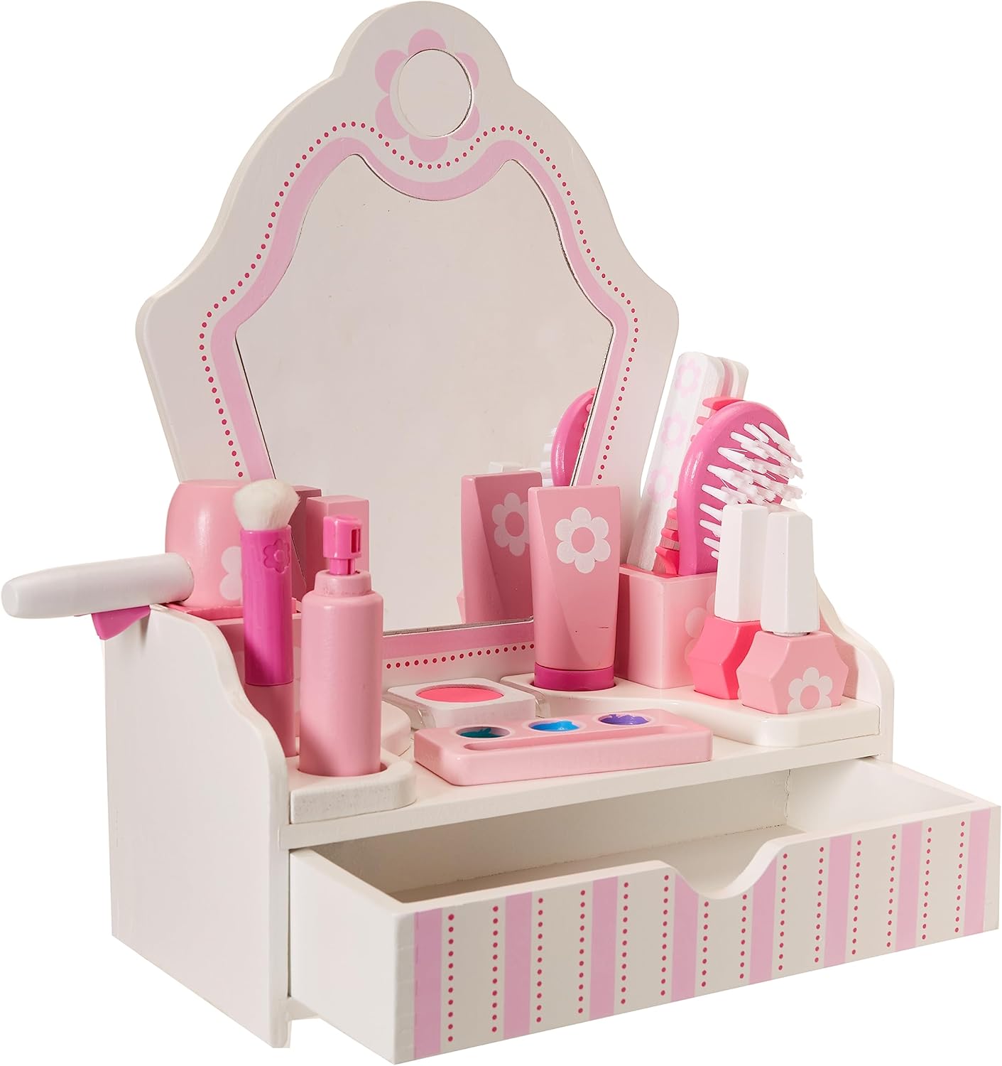 Melissa & Doug Wooden Beauty Salon Play Set, 18-Piece Vanity with Pretend Play Toys, Makeup, Mirror, Accessories &