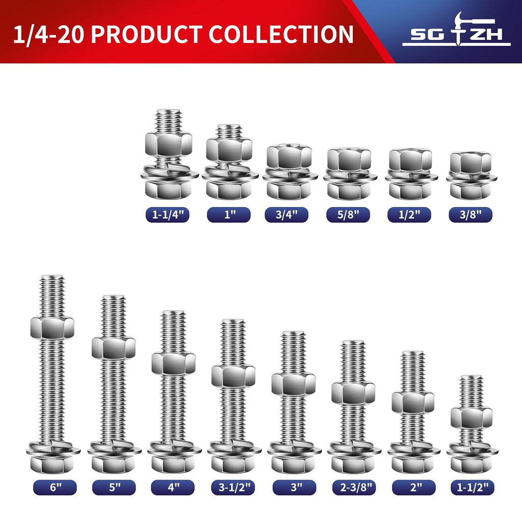1/4-20 x 6 Hex Head Screw Bolt, Nuts, Flat & Lock Washers, 20Pcs 18-8 (304) Stainless Steel, Fully Threaded, by SG TZH