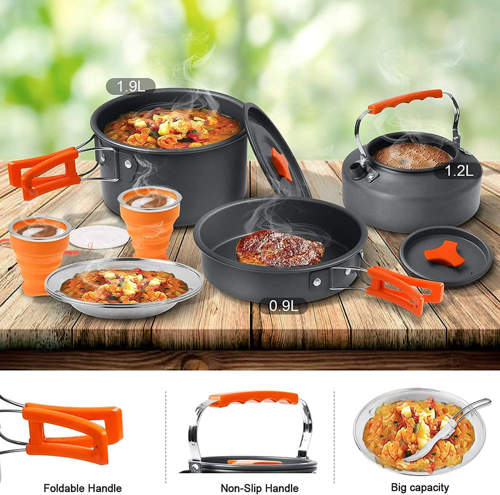 Camping Cooking Set Camping Cookware Outdoor Aluminum Mess Kit with Frying Pan, Pot with Lid, 1.2L Kettle Set and 2