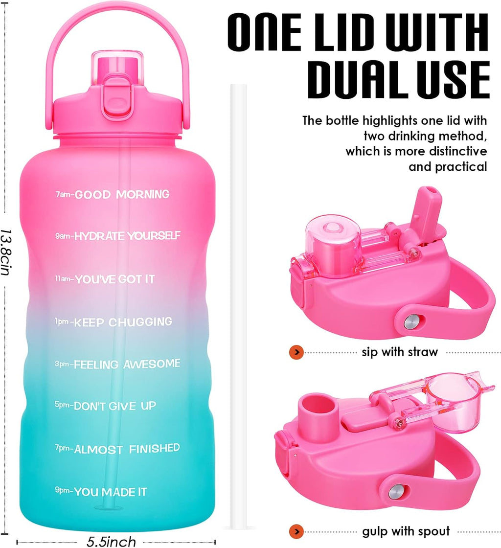 1 Gallon Water Bottles with Straw, 128 oz Water Bottle BPA Free Innovative 2-IN-1 Lid Gym Bottle with Times to Drink
