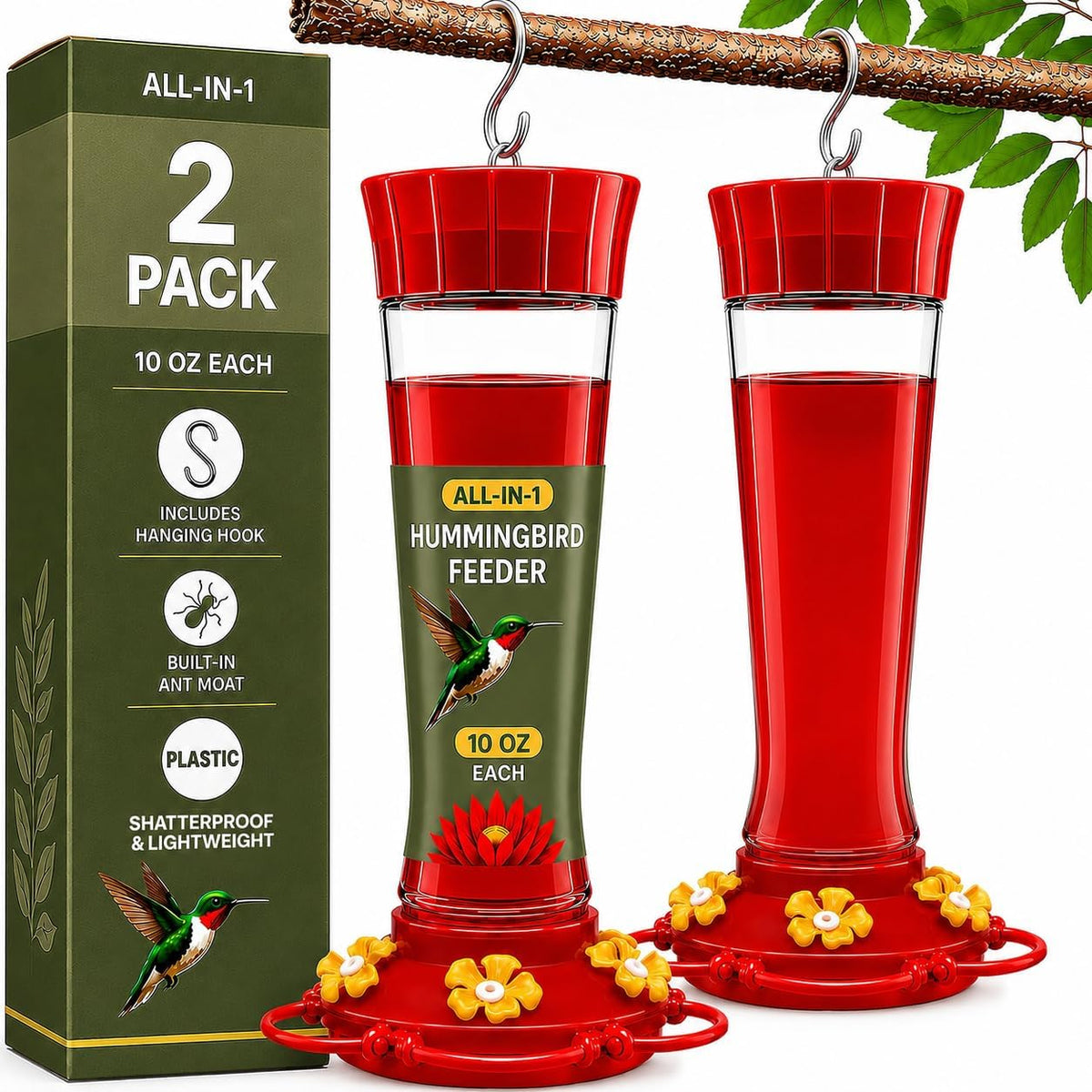 Hummingbird Feeders for Outdoors - 10 oz [Set of 2] Built-in Ant Moat