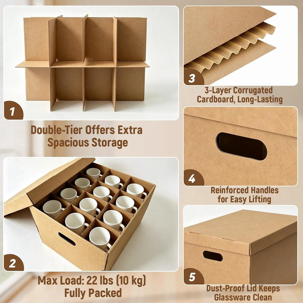 2-Tier Cup & Mug Moving Boxes for Small Coffee Mugs, Tea Cups & Glassware