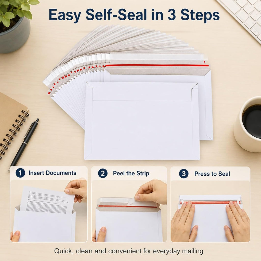100PCS Stay Flat Mailers, 6x10 Inch Rigid Mailers Cardboard Envelopes, Self-Seal Mailers, White Rigid Shipping