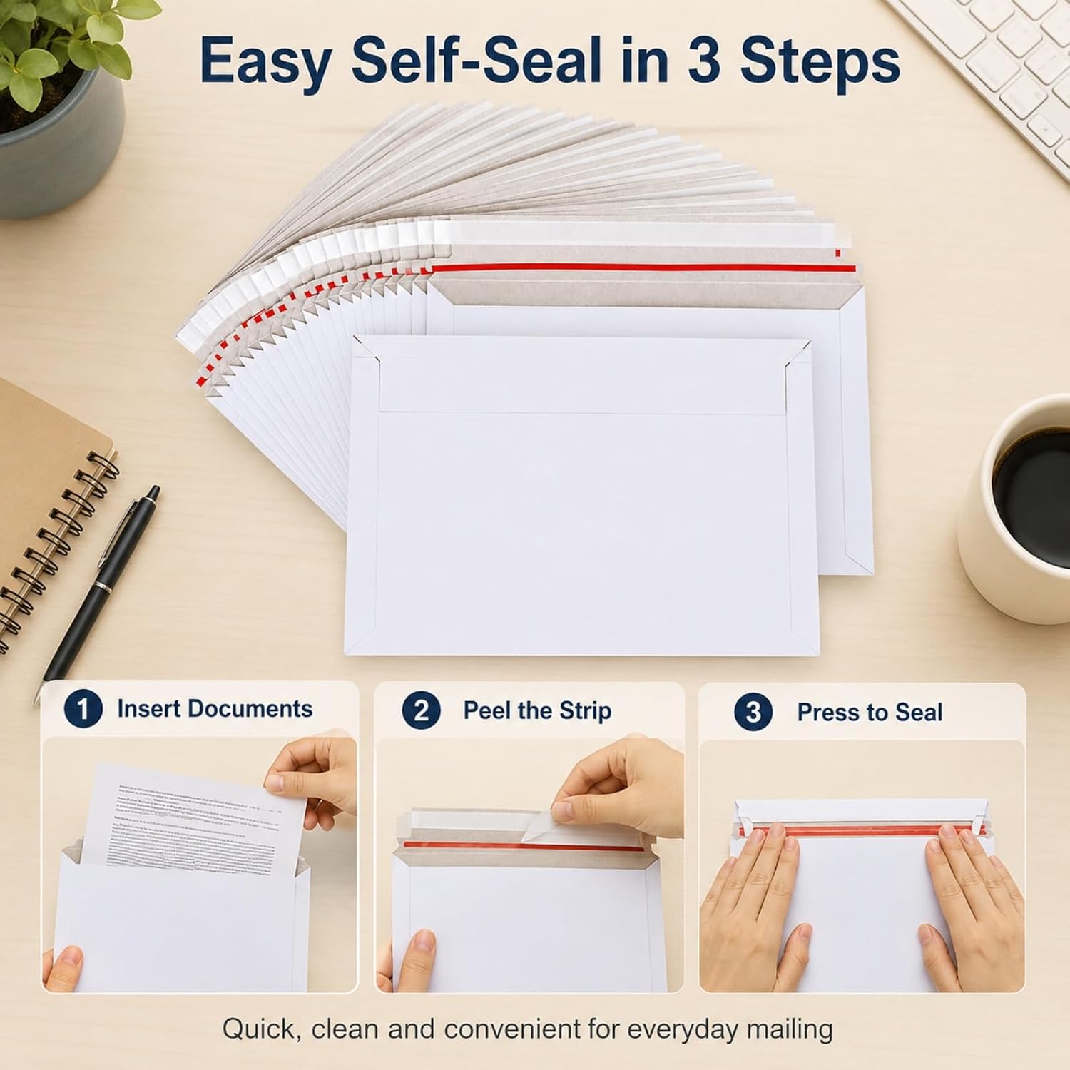 100PCS Stay Flat Mailers, 6x10 Inch Rigid Mailers Cardboard Envelopes, Self-Seal Mailers, White Rigid Shipping