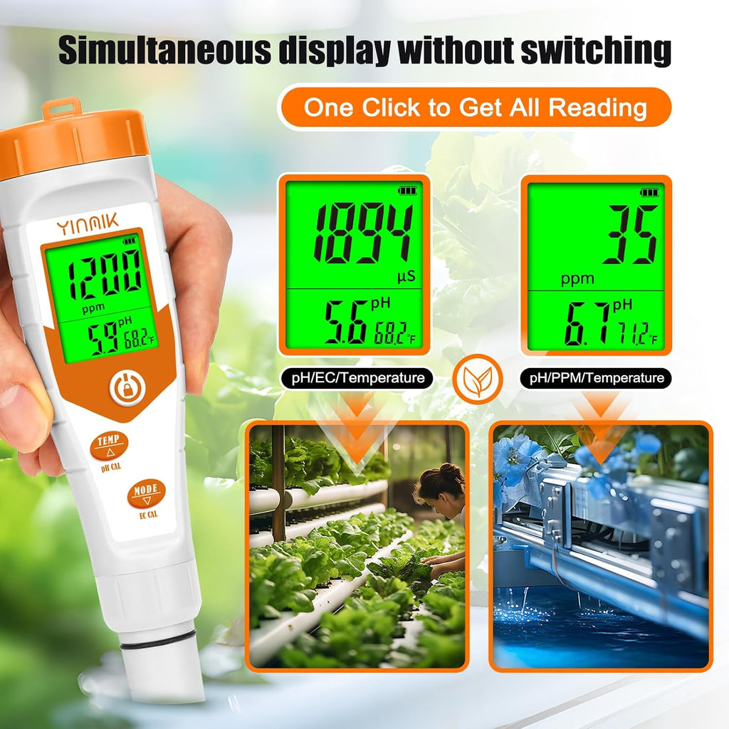 YINMIK pH Meter for Hydroponics, 4 in 1 PPM EC Meter for Plant Nutrients