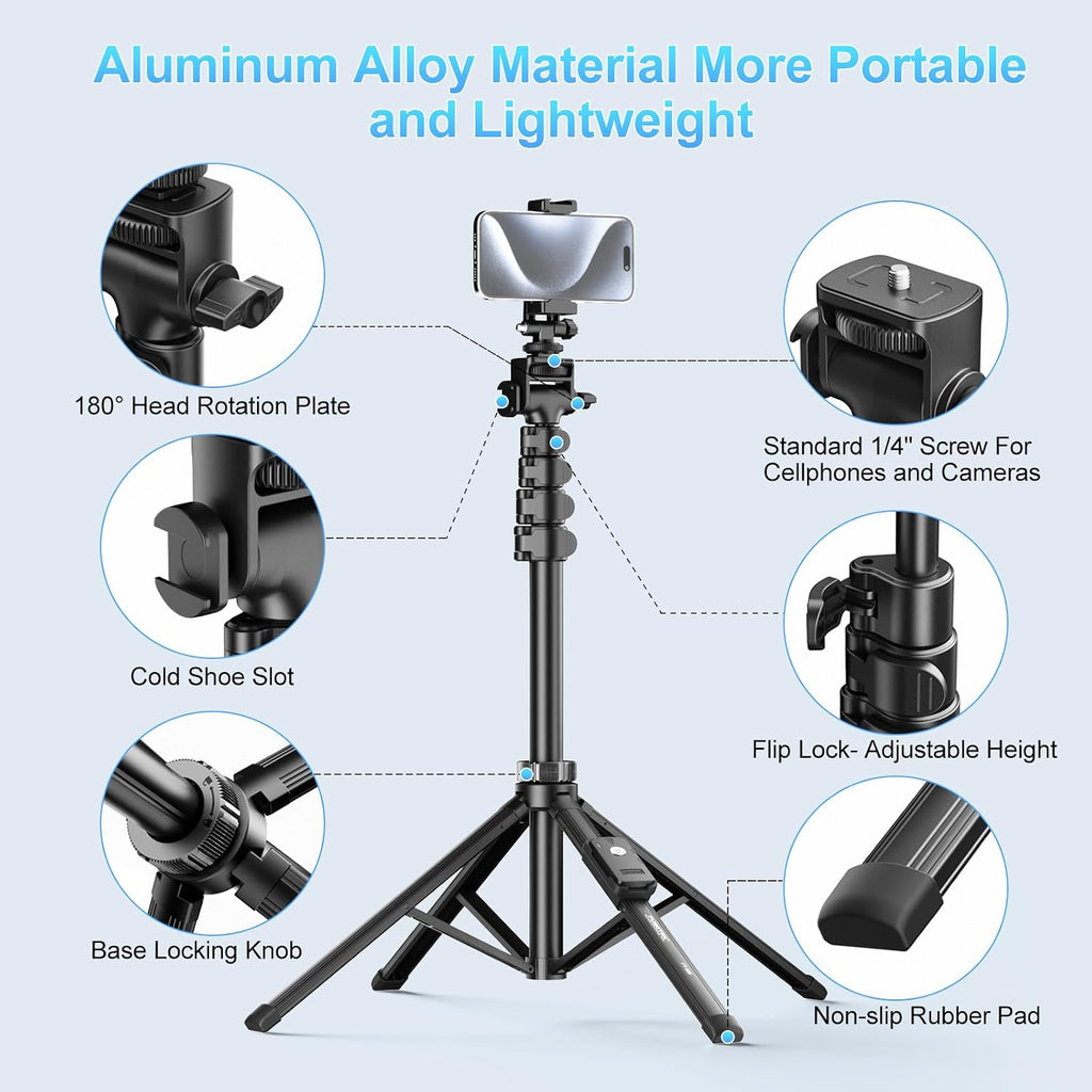 62" Professional Cell Phone Tripod, Ultra Stable 4 Leg Design, Bluetooth Remote, 100% All Aluminum Stick & Legs