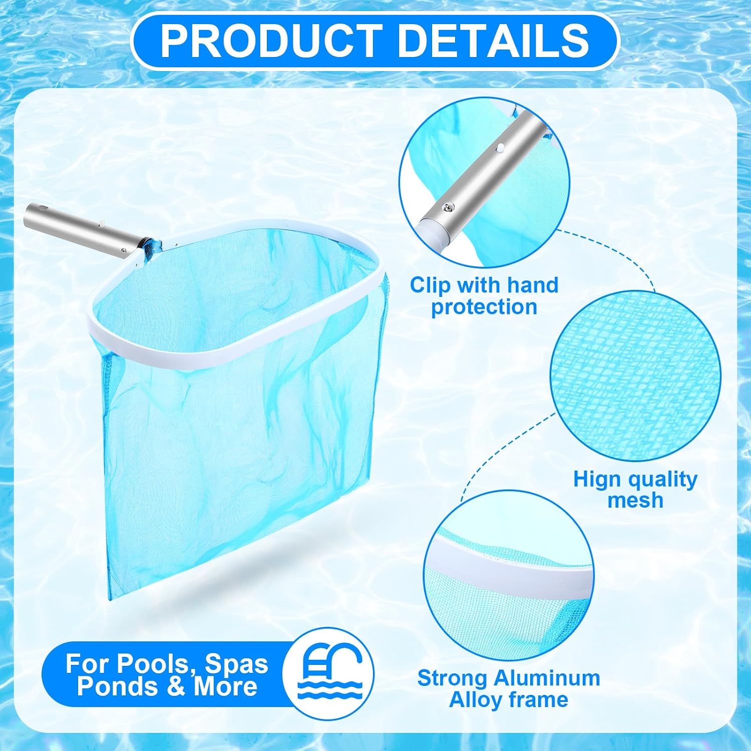 5 Pcs Pool Vacuum Cleaning Kit Includes Round Corner Pool Vacuum, 2 Skimmer Nets with 47" Adjustable Pole and 1 Brush