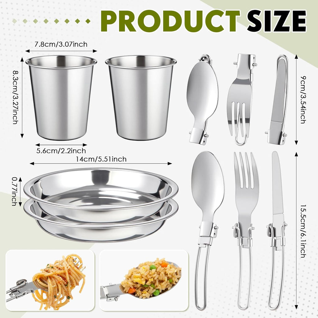 18-Pcs Camping Cookware Mess Kit for 2, Non-Stick Lightweight Pot Pan Set with Stainless Steel Cups & Plates, Folding