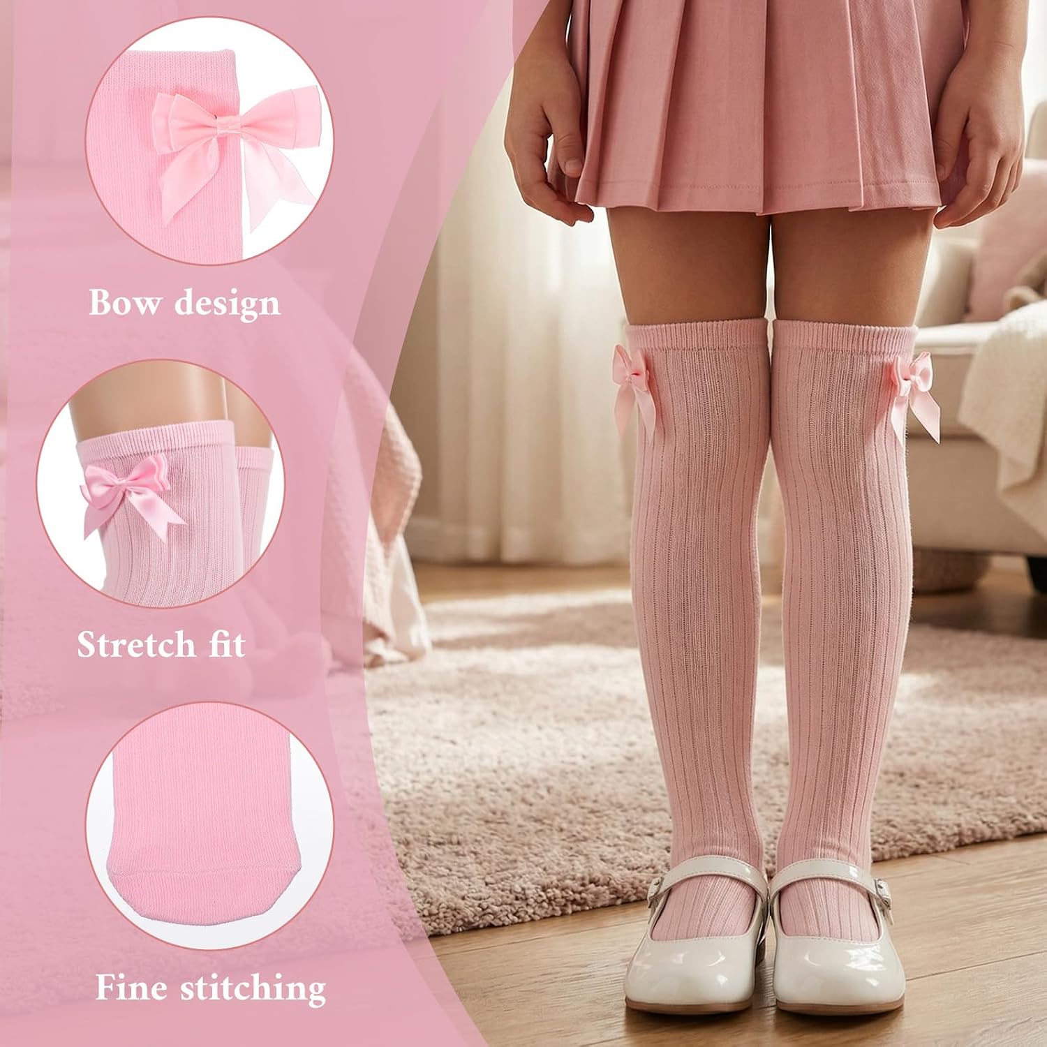 4 Pairs Bow Girls Knee High Socks, Soft Cute Long Socks for Girls Over Calf Stockings School Uniform Dress Sock
