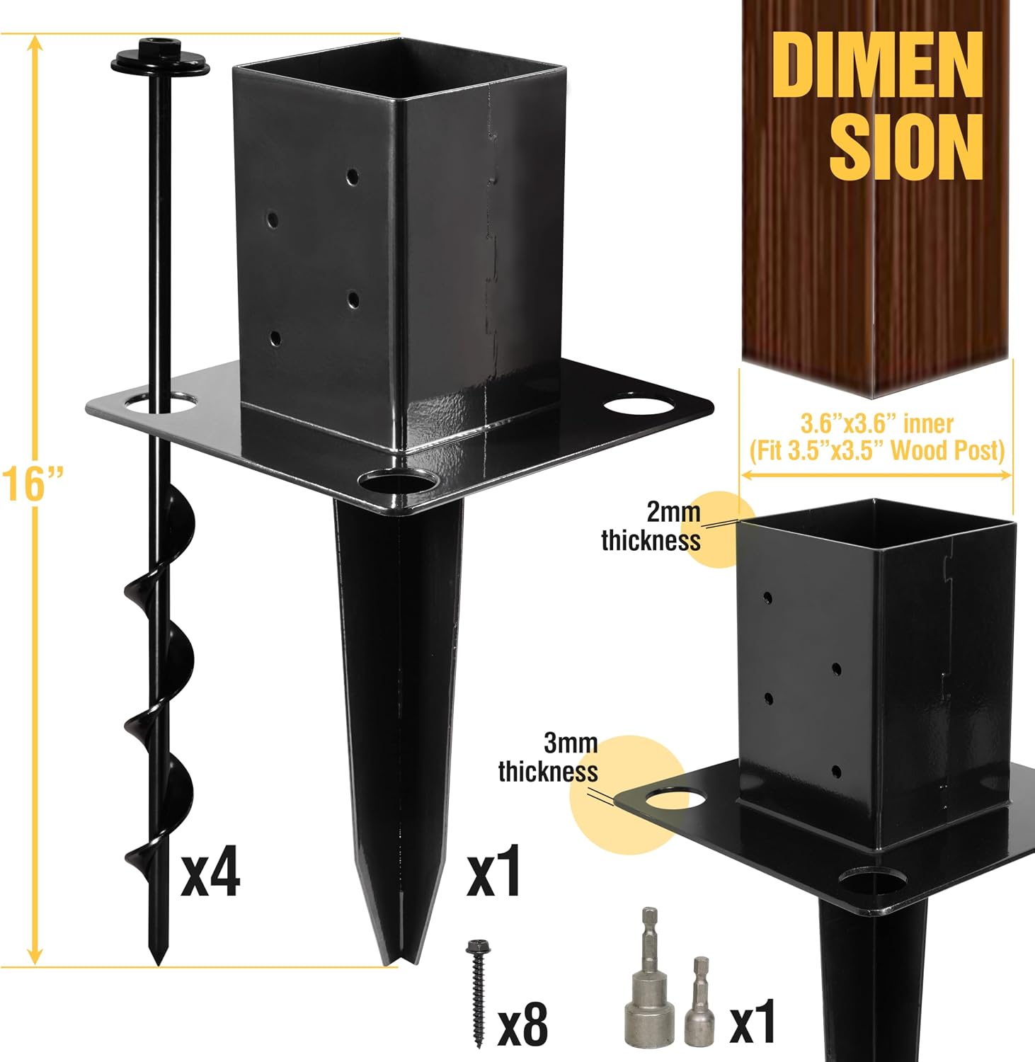 16″ No-Dig 4×4 Ground Spike Post Anchors – Powder-Coated Steel, Includes 4 Corner Screws – Heavy-Duty Ground Anchors