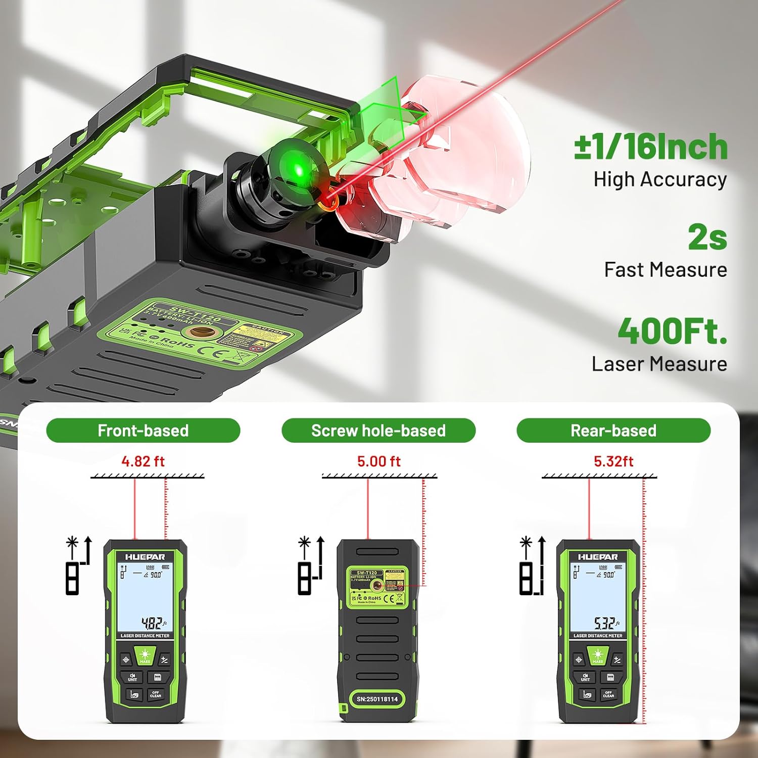 3-in-1 Laser Measuring Tool, 400Ft Laser Measure & 33Ft Green Cross Line Laser Level & 6.5Ft Tape Measure