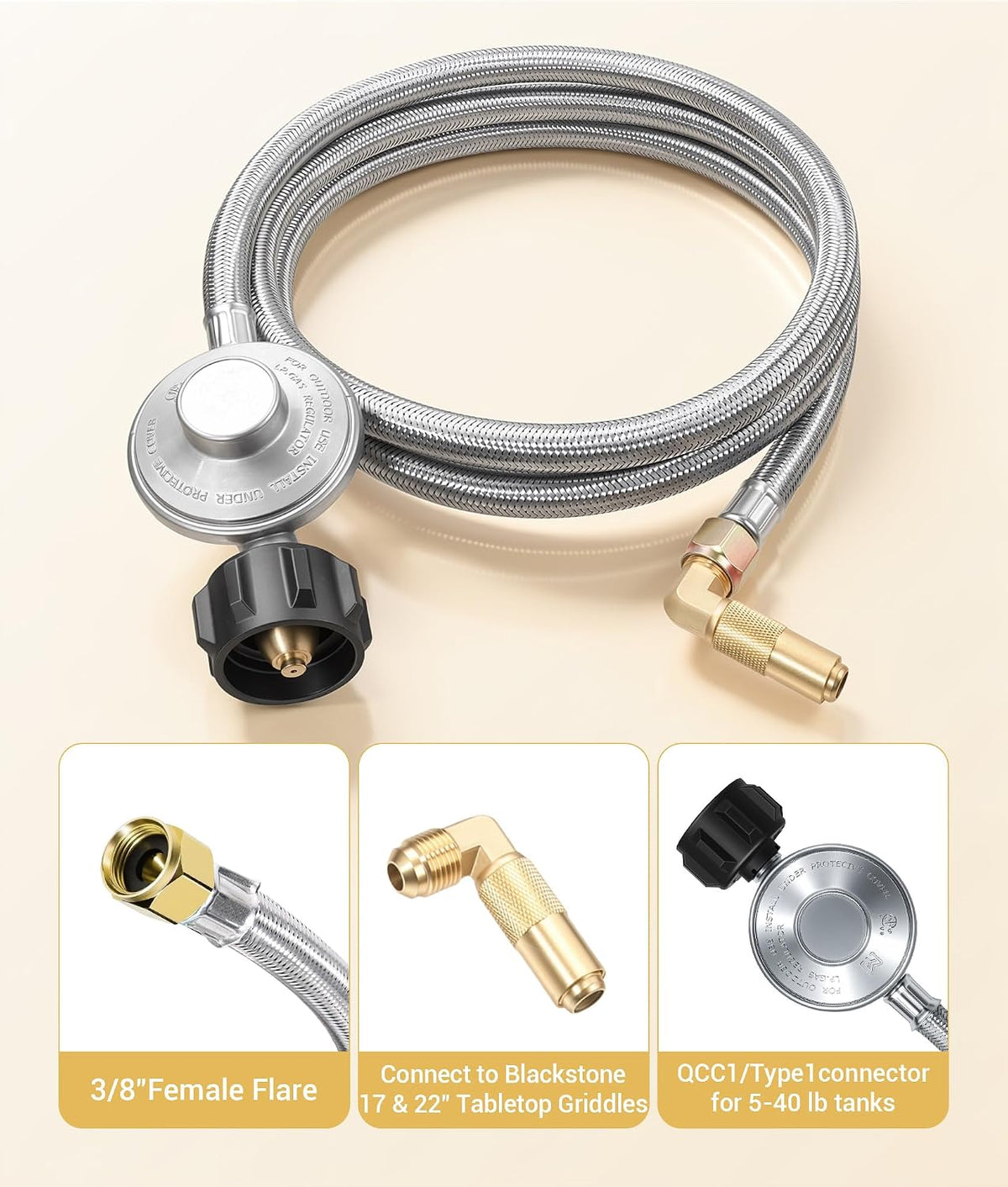 DPB 6 Ft Propane Regulator Stainless Steel Braided Hose with Elbow Adaptor